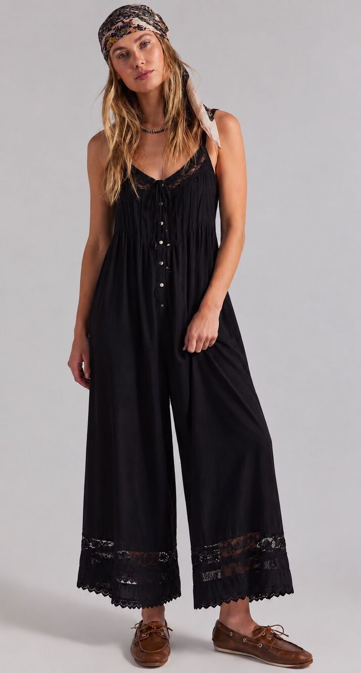 Natural Life Black Cotton & Lace Wide-Leg Boho Jumpsuit, Small